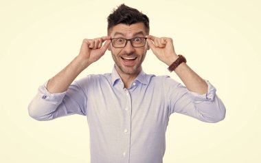 photo of glad man in eyewear. glad man in eyewear isolated on white background. glad man wearing eyewear in studio. glad man eyewear wear glasses.