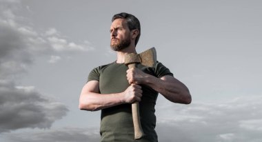 strong man with axe. caucasian man hold ax. brutally man on sky background. clipart