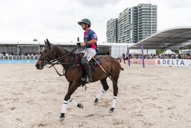 Miami Plajı, ABD-17 Kasım. 2024: Polo oyuncuları Dünya Polo Ligi Plajı 'nda oynuyorlar. Miami Beach, FL 'deki atların polo oyuncuları.