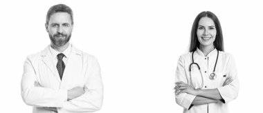 Sağlık ve tıp konsepti. Klinikteki sağlık çalışanları beyazları izole etmiş. Tıbbi servis. Sağlık hizmetleri meslektaşı olan bir doktor. Tıbbi personel. Doktor ve hemşire ekibi hastanede. Pankart.