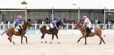 Miami Plajı, ABD-17 Kasım. 2024: Polo oyuncuları Dünya Polo Ligi Plajı 'nda oynuyorlar. Miami Beach, FL 'deki atların polo oyuncuları.