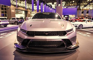 New York City, USA - March 27, 2024: Ford Mustang GTD sportscar car at New York International Auto Show, low view. clipart