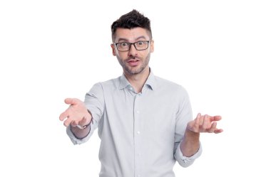 confused manager in studio. confused manager on background. photo of confused manager wearing glasses. confused manager isolated on white.