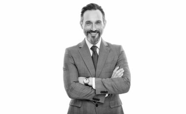 Takım elbiseli bir iş adamı. Olgun iş adamı. İş adamı portresi. Başarılı bir iş. Girişimcinin başarısı. Ofis müdürü. İşadamı bankacı beyazla izole edilmiş.