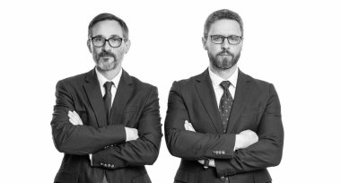 Ortaklık kavramı. Ortak takımı. Başarılı ortaklık. İş ekibi başarısı. İş ortağı beyazla izole edilmiş. Takım elbiseli iki iş adamı. İş ekibi çalışması ve işbirliği. Liderlik becerileri.