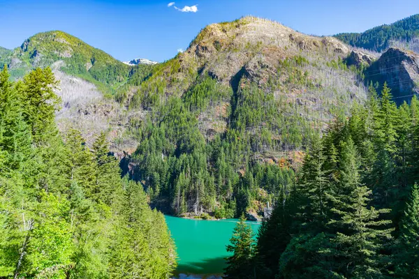 Diablo Gölü manzaralı. Dağ manzaralı Diablo gölü. Dağ tepesi ve Diablo gölü manzarası. Doğa manzarası. Kuzey Cascades Ulusal Parkı 'ndaki Diablo Gölü. Vahşilik.