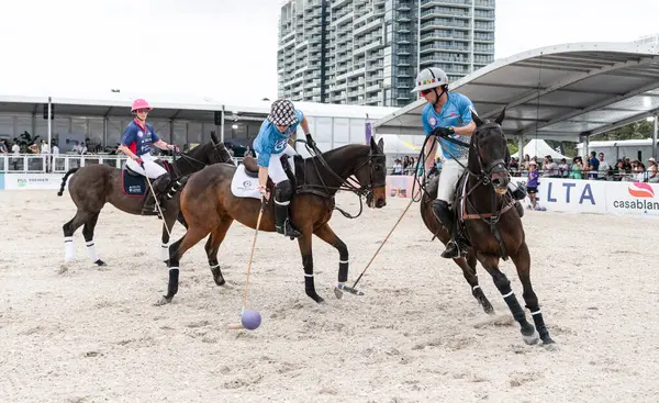 Miami Plajı, ABD-17 Kasım. 2024: Polo oyuncuları Dünya Polo Ligi Plajı 'nda oynuyorlar. Miami Beach, FL 'deki atların polo oyuncuları.