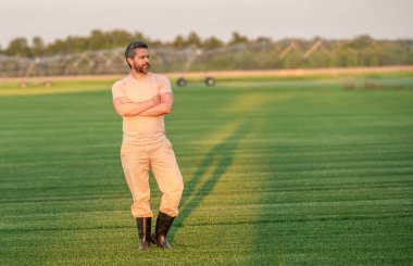 Sulama sisteminde tarımı sulayan bir adam. Kırsal kesimde bir çiftçi. Su püskürtme sulama tarlası. Damlatma sulama sistemi. Ekin sulama reklamı. Tarım ve tarım.