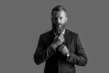 İşletme patronunun stüdyo çekimi. Takım elbise ve iş kravatı patron. Takım elbiseli patron gri arka planda izole edilmiş. İş patronu resmi kıyafet giyer..