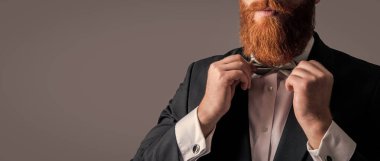 Smokin stüdyosundaki şık papyonunu düzelten sakallı İrlandalı bir adam Grey 'de izole edilmiş. Papyon tarzı. Resmi kıyafet. Resmi giyim, kopyalama alanı.