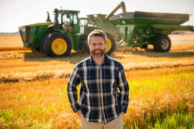 Ekin hasadı. Çiftçi buğdayı kontrol ediyor. Hasat zamanı tarım buğdayı. Kırsal kesim. Tarlada hasat yapan çiftçi adam. Olgun tarım. Sahadaki hasatçıyı. Çiftçi tarım uzmanı. Çiftlik işçisi.