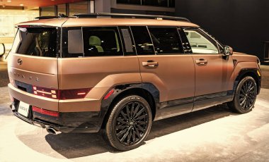New York City, ABD - 27 Mart 2024: Hyundai Santa Fe SUV mat car at New York International Auto Show, side view.