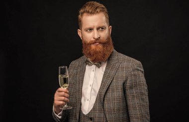 Başarıyı kutluyoruz. - Şerefe. Resmi görünüşlü sakallı adam. Şampanyayla kutlayın. Kutlama ve tezahürat. Şık smokinli adam siyah üzerine izole edilmiş şampanya bardağı tutuyor. İş kutlaması.