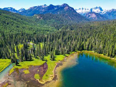Doğa manzarası. Washington 'daki Cooper Gölü. Cooper Gölü 'nün popüler doğa yürüyüşü. Cooper gölü ve dağ manzarası. Cooper Gölü 'nün dağ ve orman manzarası. Sakin orman..