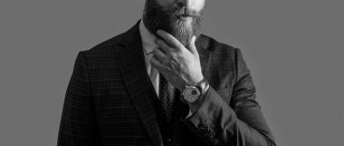 Takım elbise ve iş CEO 'su. Takım elbiseli CEO 'nun gri arka planda izole edilmiş görüntüsü. İş CEO 'su resmi kıyafet giyer. Stüdyo CEO 'su..