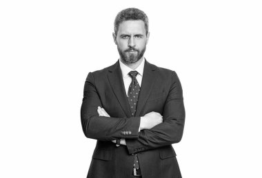 Profesyonel İspanyol CEO başarısını ifade ediyor. İşadamı beyazdan izole edilmiş. İş başarısı. Takım elbiseli başarılı bir CEO. Kendine güvenen bir girişimci. İş liderliği. Risk yönetimi.