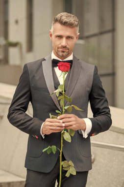 Siyah smokinli zarif adam. Smokin giymiş, papyonlu bir adam. Yakışıklı smokinli adam kırmızı gül tutuyor..