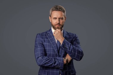 Girişimcinin başarısı. Ofis müdürü. İşadamı Grey 'de izole edilmiş. Takım elbiseli bir iş adamı. Olgun iş adamı. İş adamı portresi. Başarılı bir iş. Etkin yönetim.