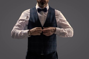 Resmi etkinlikteki iş adamı. Damadın smokin tarzı var. Centilmen smokini. Smokin, kırpık manzaralı. Papyonlu adam gride izole edilmiş. Zarif siyah takım elbiseli şık bir adam. Özel dikim smokinli beyefendi..