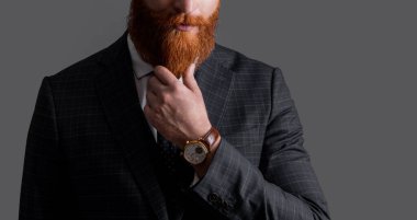 Şirketin CEO 'sunun çekimlerini kestim. Takım elbise ve iş CEO 'su. Takım elbiseli CEO 'nun gri arka planda fotokopi alanı var. CEO resmi kıyafet giyer..