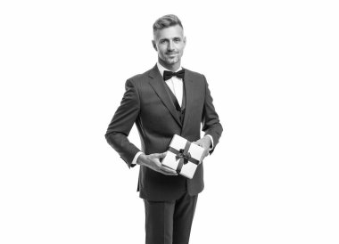 cheerful man hold gift box for mens or womens day.