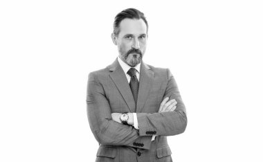 Ofis müdürü. İşadamı beyazdan izole edilmiş. Takım elbiseli bir iş adamı. Olgun iş adamı. İş adamı patronu. Başarılı bir iş. Girişimcinin başarısı. Güvenle dolu bir diplomat.