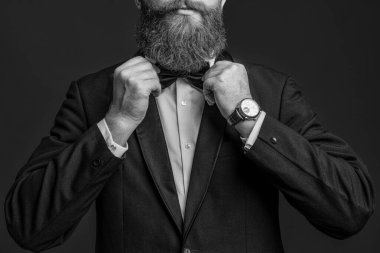 Formalite içinde smokin giyen kızıl saçlı adam. Erkekler şık erkek kıyafetleri giyer. Resmi takım elbiseli sakallı beyefendinin zarafeti. Resmi kıyafet. Smokinli adam kırmızıda izole edilmiş. Çıtır bir smokin. Kırpılmış görünüm.