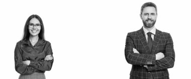 Resmi takım elbiseli iki iş adamı. Hırslı iş adamları destek veriyor. Profesyonel iş lideri ve menajeri. Başarılı iş adamları. İş arkadaşları beyazları izole ediyor. Boşluğu kopyala.