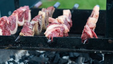 Biftek lokantasında biftekçi. Sokak yemeği. Kızarmış biftek. Izgara Picanha. Brezilya barbeküsü. Aile barbeküsü. Picanha barbeküsü kızgın kömürlerin üstünde kızartılıyor. Barbekü ızgarasında biftek..