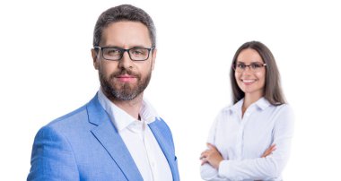 Başarılı iş adamları. İş arkadaşları beyazları izole ediyor. Resmi takım elbiseli iki iş adamı. Hırslı iş adamları destek veriyor. Profesyonel iş lideri ve menajeri. seçici odak.