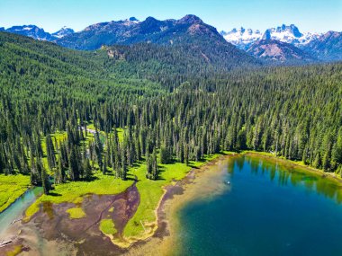 Cooper gölü ve dağ manzarası. Cooper Gölü 'nün dağ ve orman manzarası. Doğa manzarası. Washington 'daki Cooper Gölü. Cooper Gölü 'nün popüler doğa yürüyüşü. Mavi su.