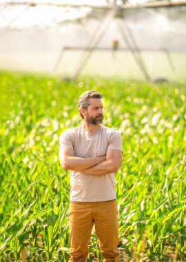 Tarım ve tarım. Sulama sisteminde tarımı sulayan bir adam. Tarım arazilerinde çiftçi. Su püskürtme sulama tarlası. Damlatma sulama sistemi. Ekin sulama.