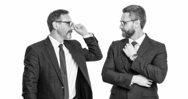 İş ortağı beyazla izole edilmiş. Takım elbiseli bir iş adamı. İş ekibi çalışması ve işbirliği. Ortaklık kavramı. Ortak takımı. Başarılı ortaklık. İş ekibi başarısı. Uyumlu liderlik.