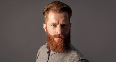 Bıyık ve sakal bakımı. Yakışıklı, sakallı ve bıyıklı. Gri arka planda sakallı ve bıyıklı traşsız bir adamın yüzü. Traşsız adamın stüdyo fotoğrafı..