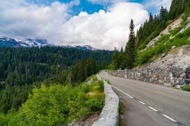 Dağ manzaralı bir yol. Dağ ve yol manzarası. Seyahat güzergahı. North Cascades Ulusal Parkı 'na peyzaj rotası. Sahne doğası. Kuzey Şelaleleri Ulusal Parkı. Vahşi macera.