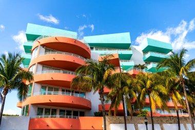 Art deco mimari bölgesi. Art Deco. Miami sahilinin modern binası. Okyanus yolculuğu. Ocean Drive 'daki Miami South Beach. Art Deco mimarisi. Mimari bina. Tarihi Bölge.