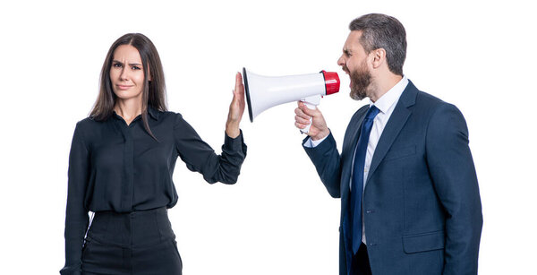 бизнесмен решает конфликты. Критическая проблема. бизнес-конфликт. бизнесмен, кричащий на сотрудника в громкоговорителе изолированный на белом. бизнесмен конфликтует с партнером по продвижению.