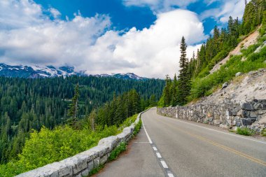 Dağ manzaralı bir yol. Dağ ve yol manzarası. Seyahat güzergahı. North Cascades Ulusal Parkı 'na peyzaj rotası. Sahne doğası. Kuzey Şelaleleri Ulusal Parkı. Vahşi macera.