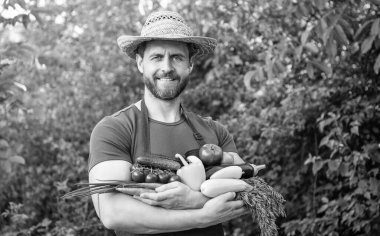 greengrocer in straw hat hold fresh ripe vegetables.