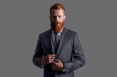 Resmi iş patronunun stüdyo fotoğrafı. Takım elbise ve iş kravatı patron. Takım elbiseli patron gri arka planda izole edilmiş. İş patronu resmi kıyafet giyer..