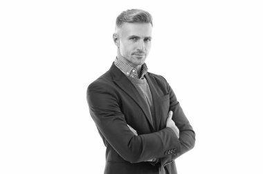 Olgun bir adamın portresi beyaz arka planda izole edilmiş harika bir stile sahiptir. Ceketli olgun bir adam. Olgun adamın stüdyo fotoğrafı. Yakışıklı, olgun bir adam..