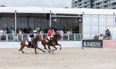 Miami Plajı, ABD-17 Kasım. 2024: Polo oyuncuları Dünya Polo Ligi Plajı 'nda oynuyorlar. Miami Beach, FL 'deki atların polo oyuncuları.
