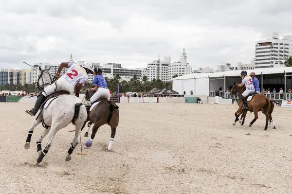 Miami Plajı, ABD-17 Kasım. 2024: Polo oyuncuları Dünya Polo Ligi Plajı 'nda oynuyorlar. Miami Beach, FL 'deki atların polo oyuncuları.
