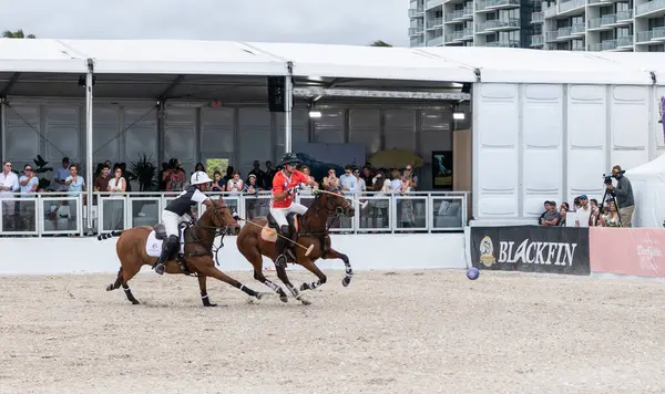 Miami Plajı, ABD-17 Kasım. 2024: Polo oyuncuları Dünya Polo Ligi Plajı 'nda oynuyorlar. Miami Beach, FL 'deki atların polo oyuncuları.