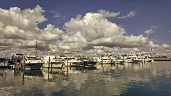 Miami sahiline demir atmış özel lüks bir tekne. Yaz tekne tatili. Miami yat turu. Yazın yat tatili. Marina körfezi. Deniz marinasında lüks bir karavan yatı. Navigasyon yatı. Yelkenli yat.