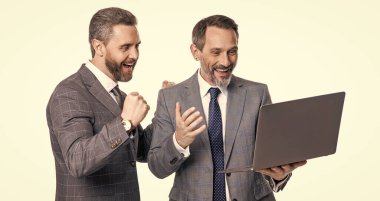 Serbest çalışan işadamları, beyazlar üzerinde izole edilmiş olarak dizüstü bilgisayar kullanıyorlar..