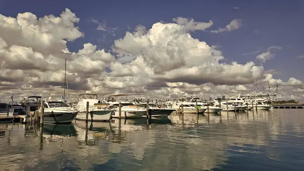Miami sahiline demir atmış özel lüks bir tekne. Yaz tekne tatili. Miami yat turu. Yazın yat tatili. Marina körfezi. Deniz marinasında lüks bir karavan yatı. Navigasyon yatı. Yelkenli yat.