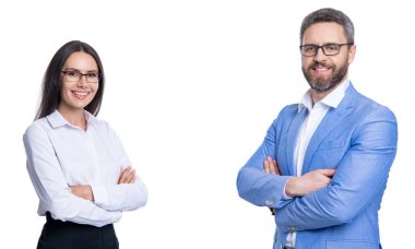 İş dünyasının başarılı iş adamları ve iş arkadaşları beyazlar içinde izole edilmiş..