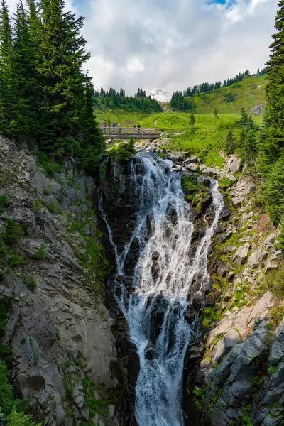 Rainier Dağı ulusal park dağ doğa manzarası. Şelale manzarası. Doğa seyahati. Şelale yolu. Resimli şelale. Myrtle şelale yoluna düştü..