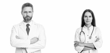 Tıbbi servis. Sağlık hizmetleri meslektaşı olan bir doktor. Tıbbi personel. Doktor ve hemşire hastanede. Sağlık ve tıp konsepti. Klinikteki sağlık çalışanları beyazları izole etmiş. Sağlık hizmetleri.